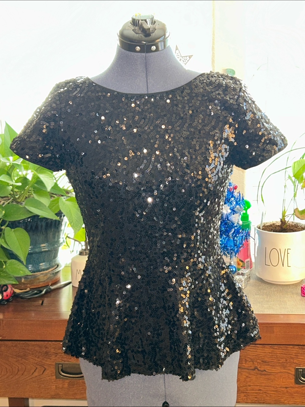 Charming Charlie Black Sequin Short-Sleeve Peplum Top